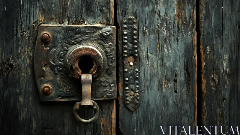 Rusty iron lockplate anchors weathered timber door surface.