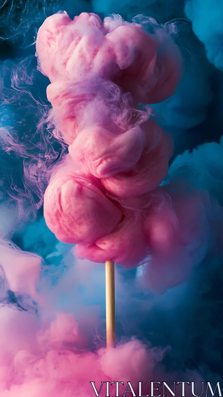 Swirling pink cotton candy rises softly in dreamy blue mist