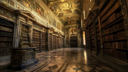 Grand baroque library interior glows with warm golden light