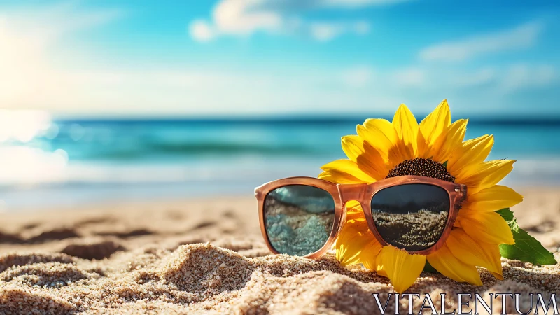 Sunflower and sunglasses form a stylized coastal summer vignette