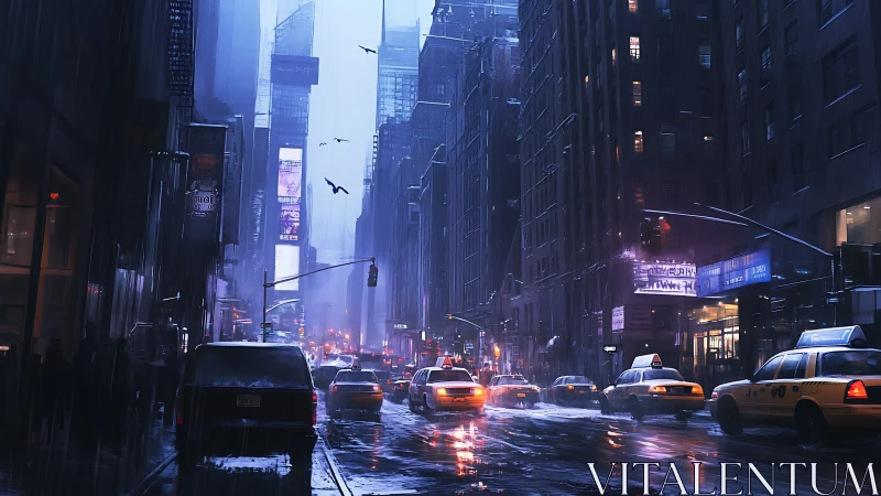 Urban street with taxis in dense high-rise district at dusk.