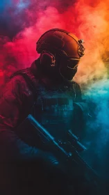 Tactical soldier stands in neon smoke with rifle ready