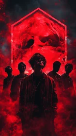 Dark red group portrait with smoky skull backdrop poster.
