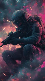 Armored space soldier kneels amid neon cosmic firestorm.