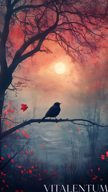 Moonlit raven perches above a misty lake of ember leaves.