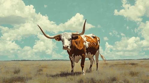 Longhorn monarch pauses beneath drifting prairie clouds