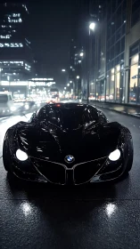 Futuristic black BMW sports car on wet night city street.