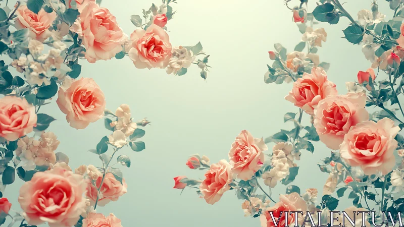 Vintage Floral Garden with Coral Roses Against Soft Sky.