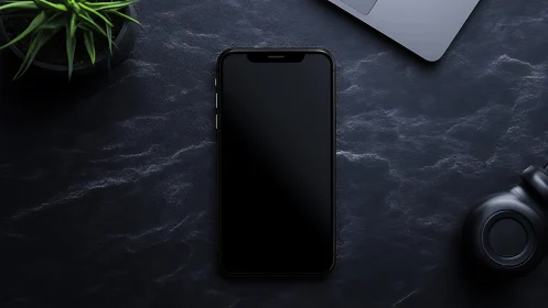 Smartphone Workspace Flatlay with Tech Accessories and Ambient Plants