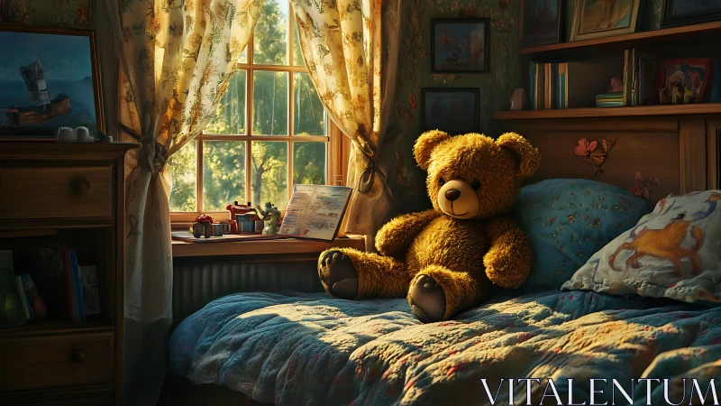 Sunlit teddy bear keeps gentle watch in a golden bedroom.