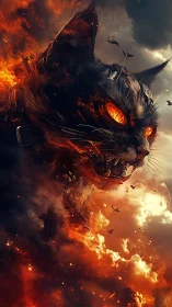 Infernal fire cat erupts from stormy embers and clouds