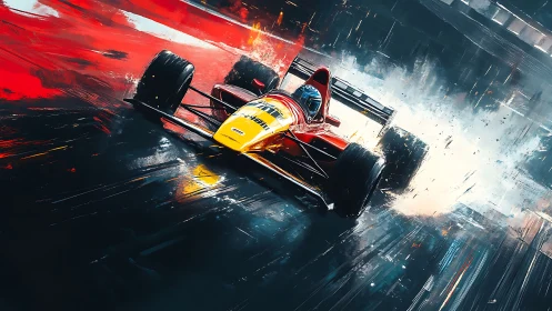 Formula race car slides through wet track in dynamic motion