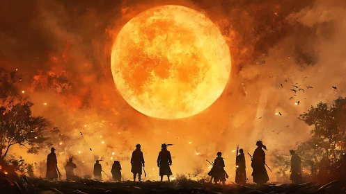 Warriors stand beneath blazing full moon in burning sky