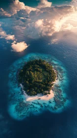 Aerial island vista capturing verdant landmass surrounded by crystalline turquoise waters and dramat