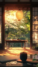Sunlit tatami study opens toward tranquil garden view.