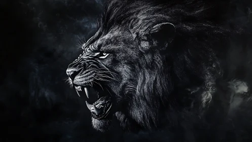 Roaring lion emerges from shadowed smoke in monochrome fury.