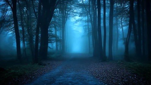 Blue mist path through silent forest at predawn hour.