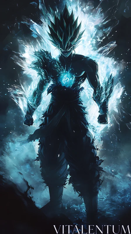 Electric blue warrior ascends in blazing aura of power.