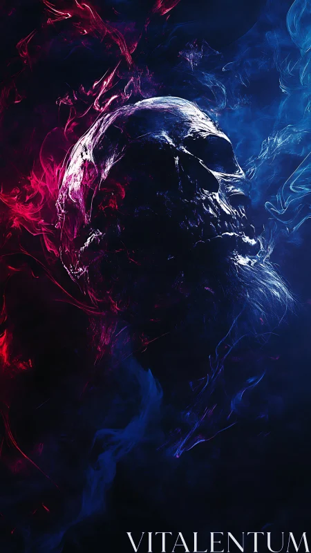 Smoke-forged skull drifts between neon red and electric blue