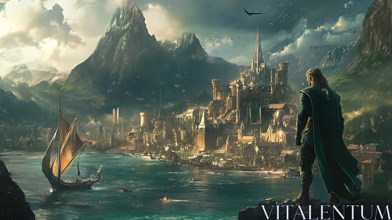 Lone traveler quietly greets a glowing fantasy harbor city