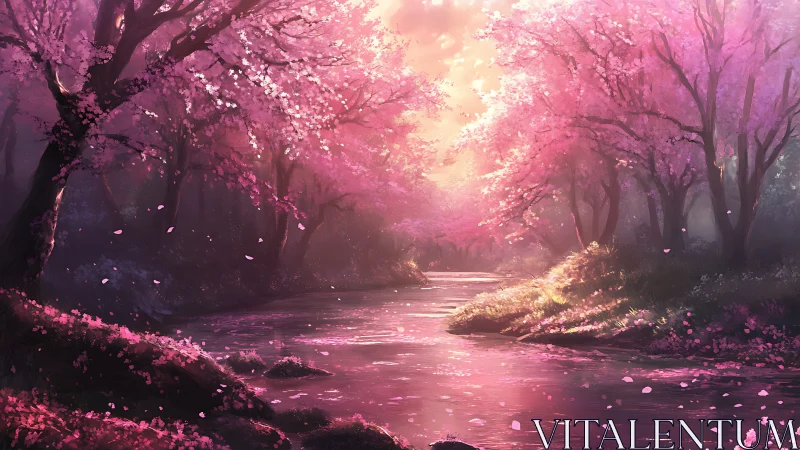 Sunlit cherry blossom river glows with soft pink haze.