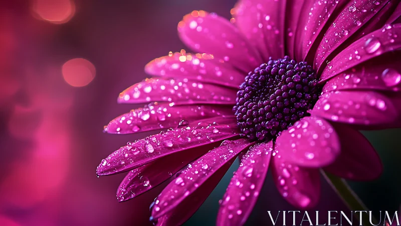 Magenta Daisy with Water Droplets and Bokeh Lighting.
