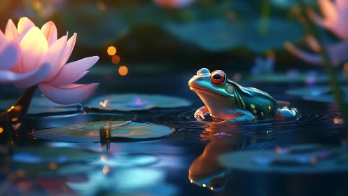 Gentle frog rests among glowing water lilies at twilight