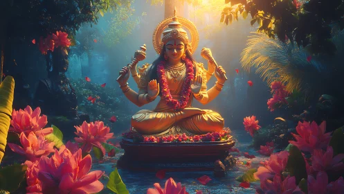 Golden river goddess blooms through mist and lotus whispers