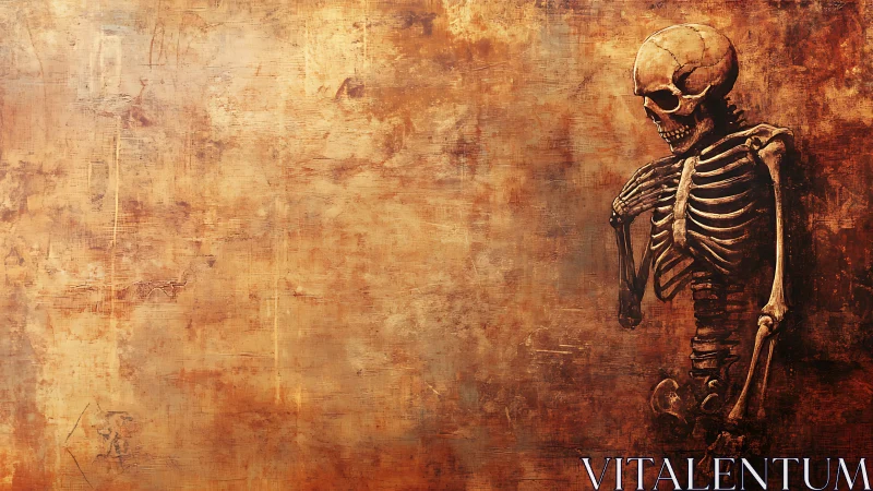 Digital painting of skeletal figure against distressed umber field.
