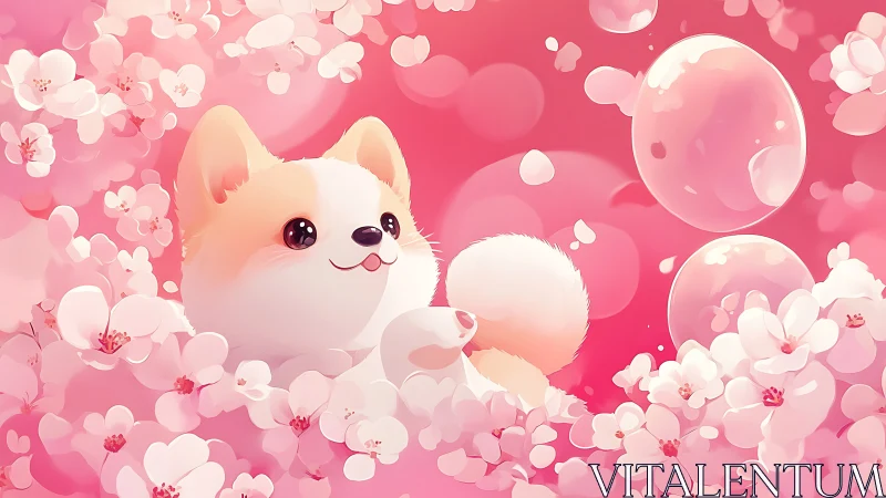 Kawaii corgi puppy amid pink blossoms and floating bubbles.