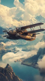 Streamlined twin-engine biplane cruises above alpine fjord valley
