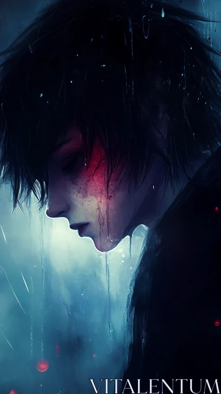 Side profile of injured boy in rainlit blue environment