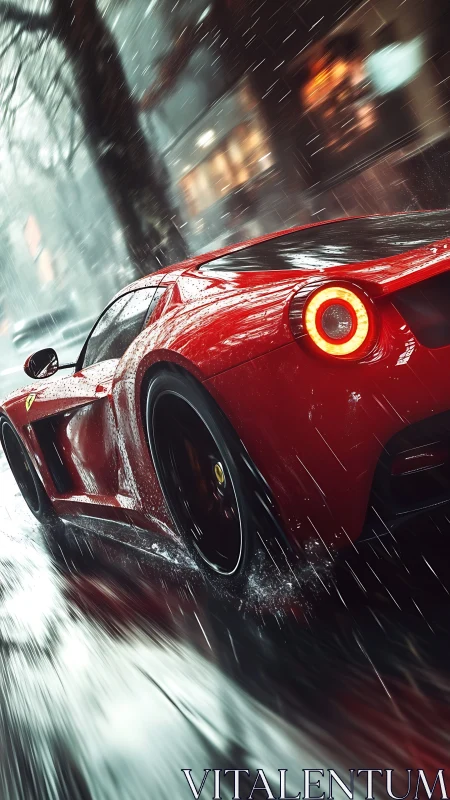 Red supercar powers through rainy neon city street.