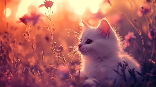 White Kitten in a Dreamy Field of Wildflowers
