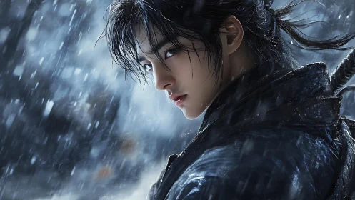 Young warrior in dark cloak stands in heavy winter rain