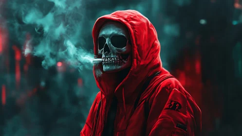 Hooded skeletal figure smoking in neon lit urban setting.