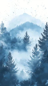 Mountain landscape with coniferous forest and atmospheric fog layering.