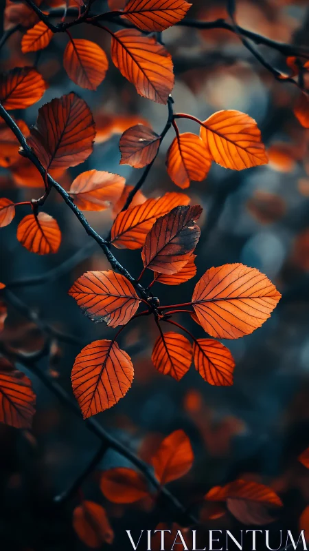 Macro study of orange autumn leaves on cool bokeh ground.