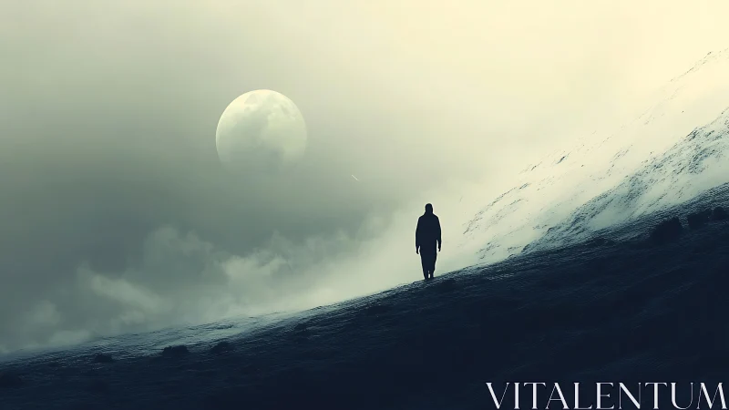 Solitary figure on misted slope under diffuse full moon