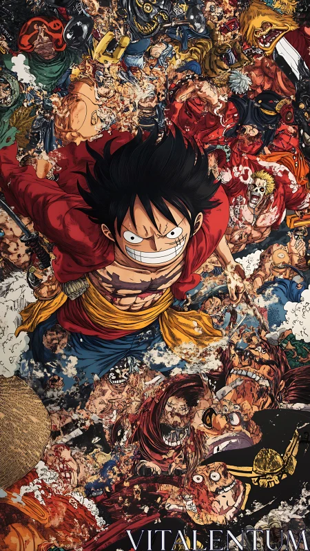 Straw-hatted hero charges upward through chaotic battle storm