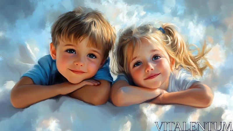 Children in Clouds. Serene Digital Portrait of Siblings.