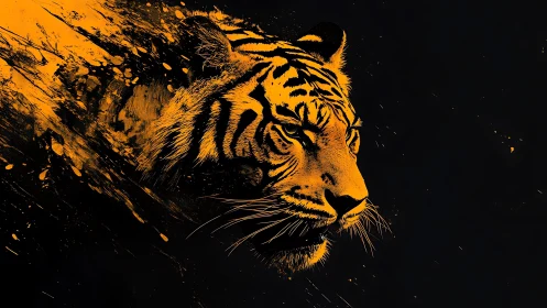 Tiger head profile in orange paint splatter on black field.