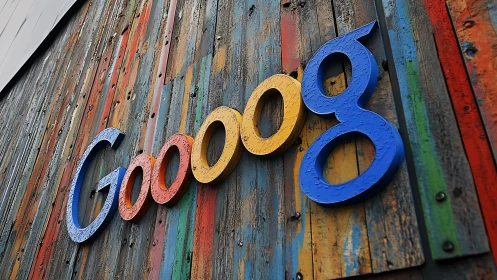 Colorful 3D logotype letters mounted on weathered wood wall