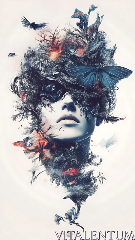 Surreal female portrait merges organic chaos, smoke and butterflies