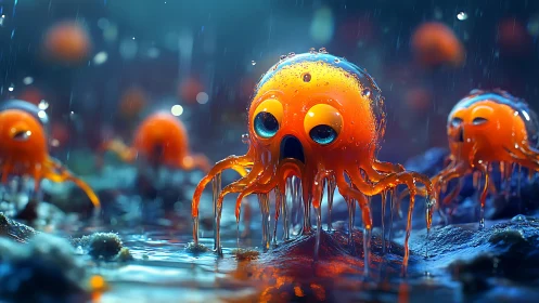 Glowing jelly creatures under rainy bioluminescent seascape.