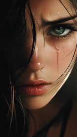 Wet-eyed woman stares forward with tense, wounded resolve