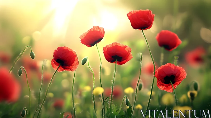 Red poppies displayed against blurred green background with selective focus