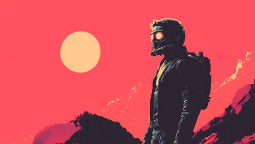 Lone space wanderer under neon sun on alien ridge