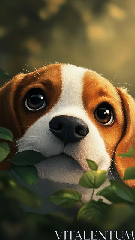 Cute brown and white puppy portrait in soft forest light.