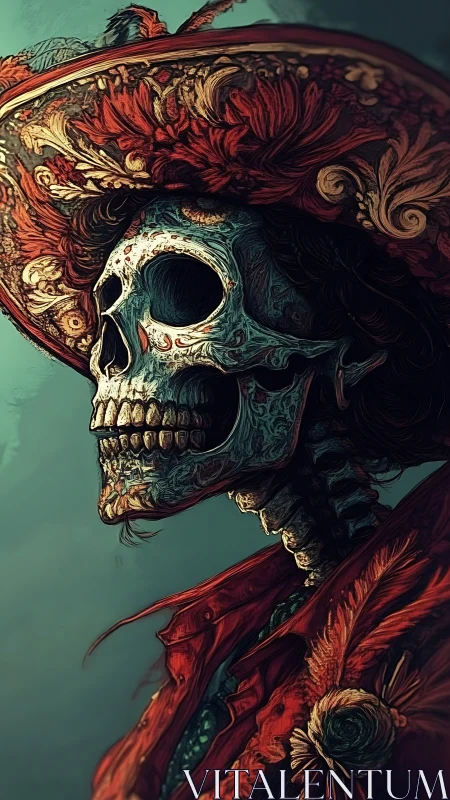 Ornate skeletal figure wears elaborate red feathered hat